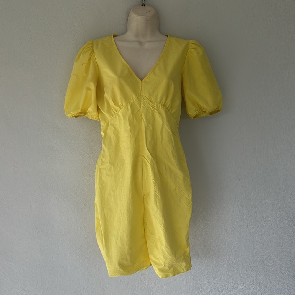 ZARA bright yellow puff sleeve ruffle cotton v-neck mini dress size small - Picture 4 of 14